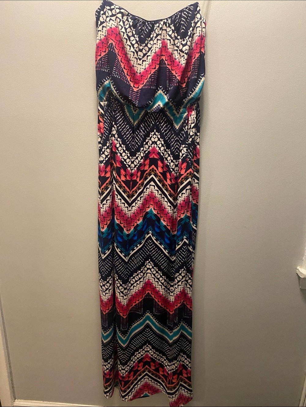 Trixxi Strapless Chevron Maxi Dress in Navy, Pink and Teal